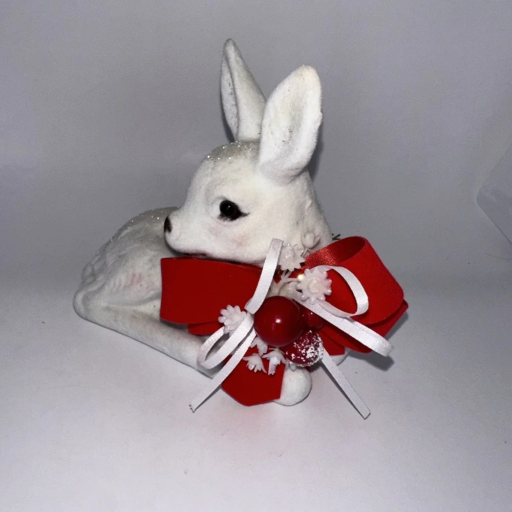 Vintage White Flocked Christmas Decorations Deer Set